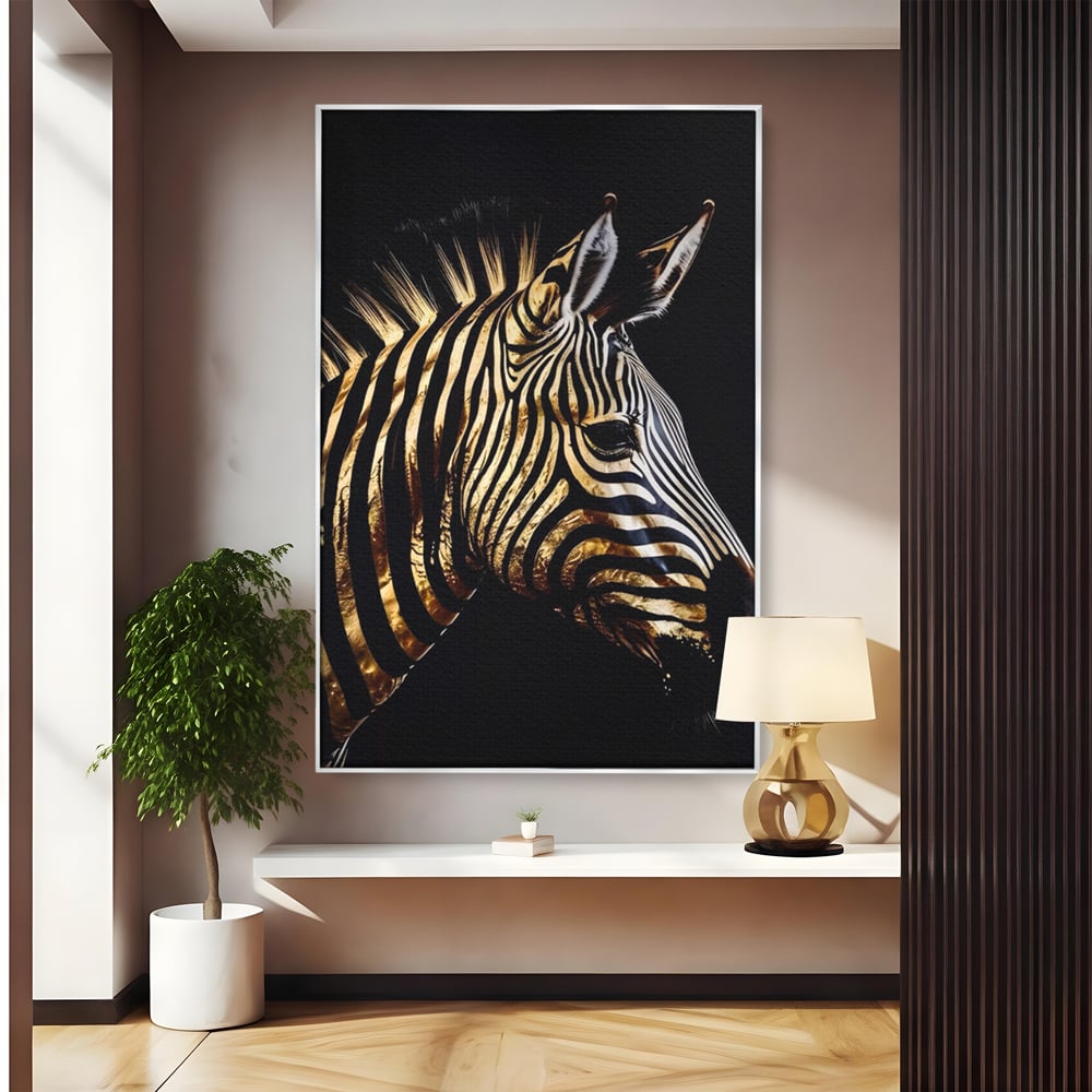 Tablou canvas cu tablou canvas cu cap de zebra aurie, in rama de aluminiu argintiu